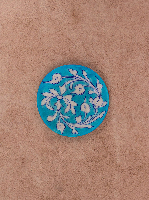 Blue Pottery Turquoise Base White Flower Coasters Set Of 4pcs.